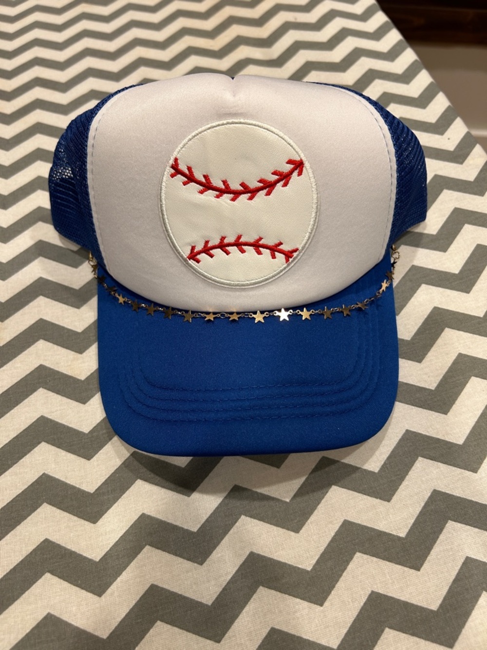 Blue and White Baseball Trucker Hat with Red Stitching